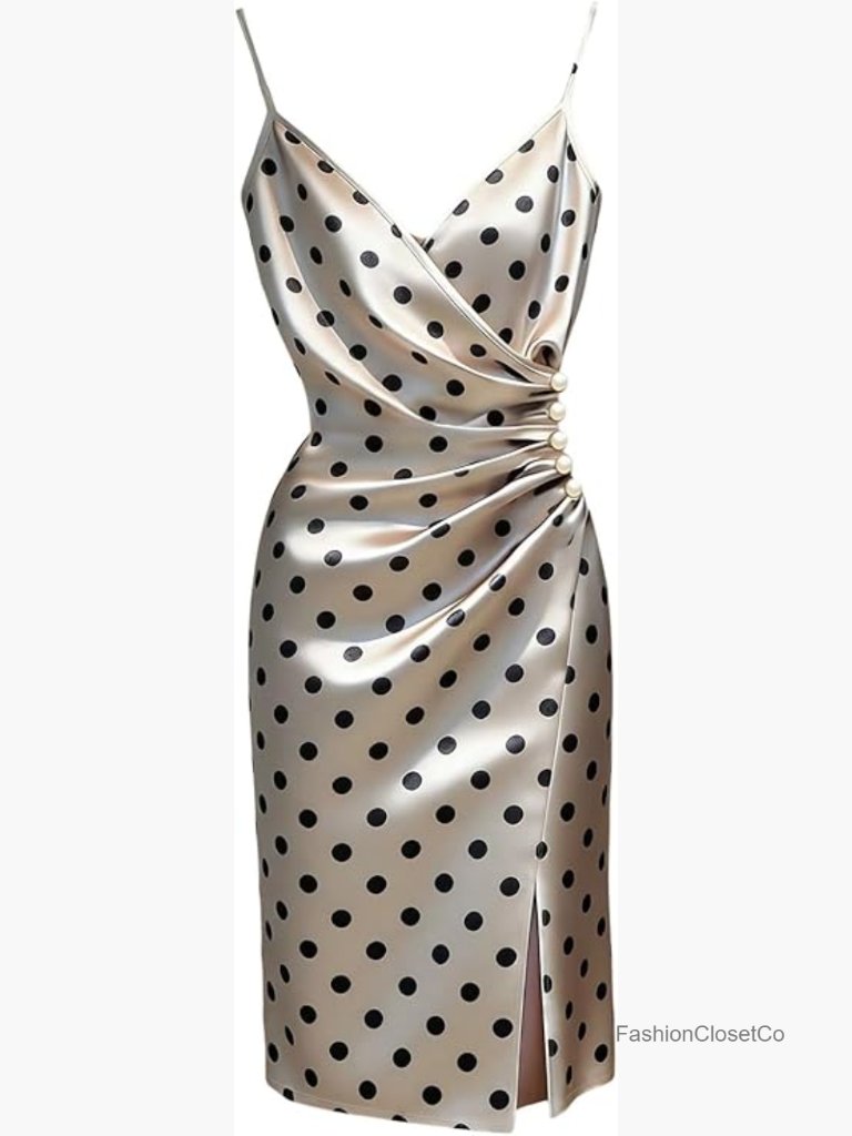 Women's Satin Polka Dot Midi Dress Spaghetti Strap Ruched Slit Pearl Date Night